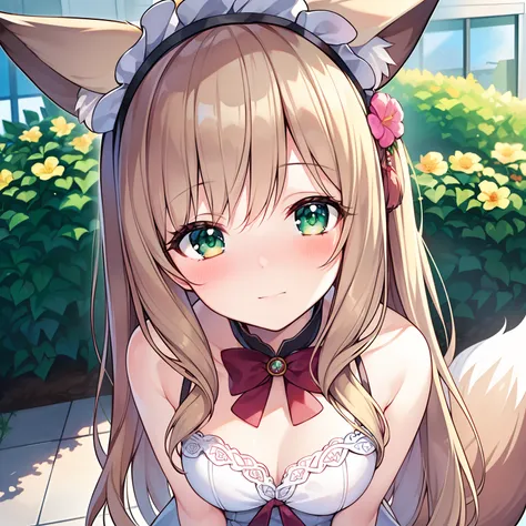 (Masterpiece, Best quality, high resolution), 1girll, Solo, Oversized fox tail，Long brown hair，Green eyes，Small flower headdress, (13-year-old junior high school student)，Modern architecture，(Blushing:1.3),A MILF, Close-up of lower body，