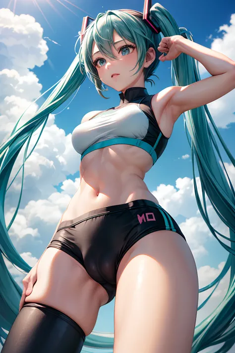 a boy grabbing hatsune mikus breast, tight leggings with a cameltoe, sports bra, skindentation, soft breasts