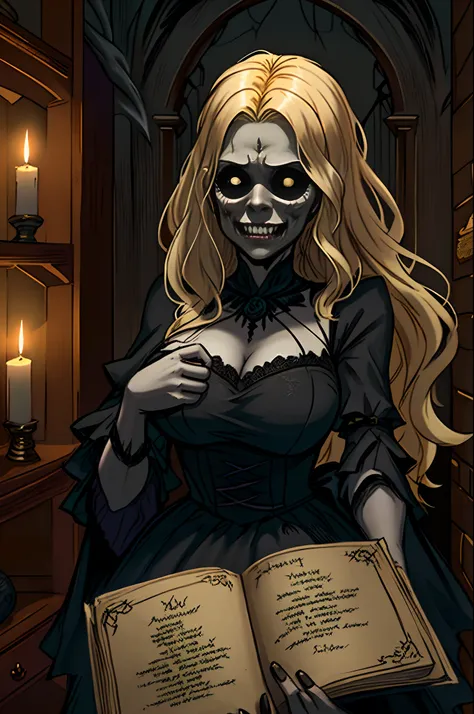 a blonde woman, wearing a black dress, with long hair, demonic face, scary holding a book in her hands Written "Dark Library" in a dark setting with candlelight horror style image