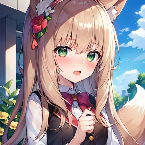 (Masterpiece, Best quality, high resolution), 1girll, Solo, Oversized fox tail，Long brown hair，Green eyes，Small flower headdress, (13-year-old junior high school student)，Modern architecture，(Blushing:1.3), A MILF, Close-up of the side，glad，Open your mouth...