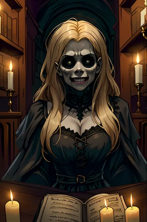 a blonde woman, wearing a black dress, with long hair, demonic face, scary holding a book in her hands Written "Dark Library" in a dark setting with candlelight horror style image