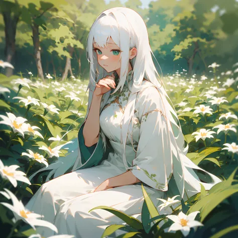 (masterpiece, best quality),1girl with long white hair sitting in a field of green plants and flowers, her hand under her chin, warm lighting, white dress, blurry foreground