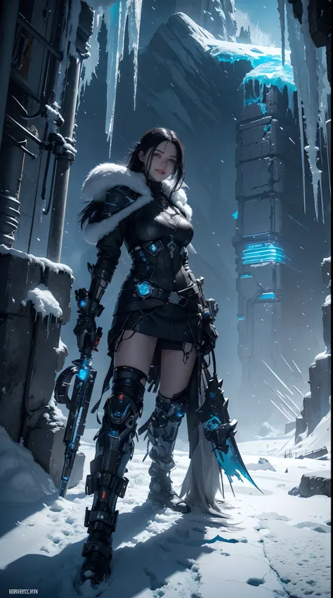 Cyberpunk, mechanical, broken, there is a picture of a very large iceberg, cyberpunk, mechanical, broken, with a lot of snow, dungeon background, icicle background, arena background, game background, dark dark cave background,a female warrior running,((smi...