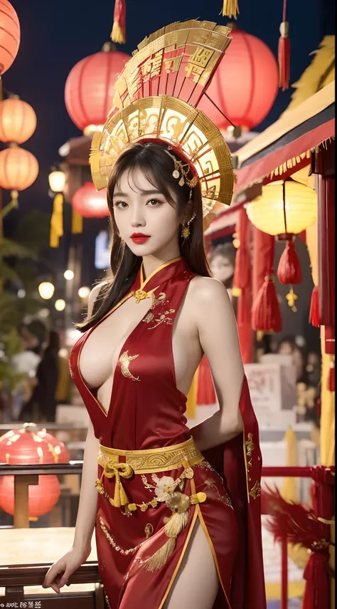 Detailed faces, 4k, 8k, beautiful girls, Korean makeup, Red lips, medium body, big chest, thigh, Girl in Tet outfit, Lunar New Year, Oriental New Year, Tet accessories, Everything related to the Lunar New Year, Red and Yellow costumes, Phoenix motifs, coup...