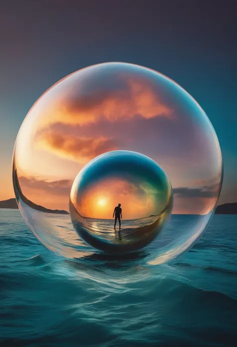 Man in bubble floating over ocean