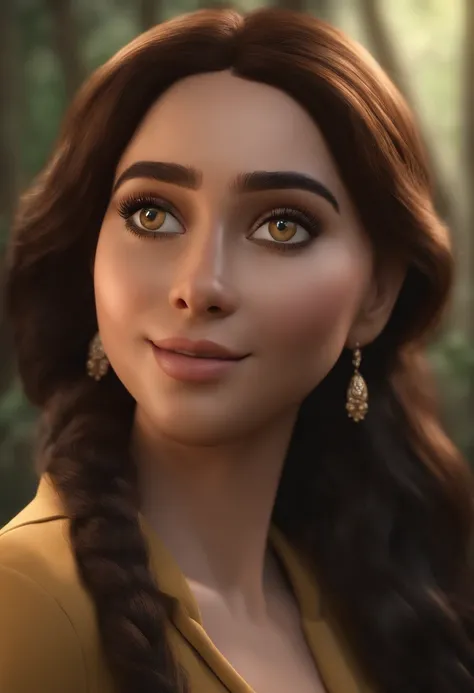 "(best quality,ultra-detalhado,Realistic:1.37),3D rendering,illustration,design de personagens,cabelos longos e ondulados loiros , belos olhos castanhos ,Estilo Pixar,morena mulher, com um gato preto  claro com olhos verdes ,expression joyful"