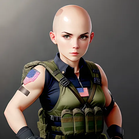 Military, Female, Bald, Combat Gloves, Plate Carrier vest, American