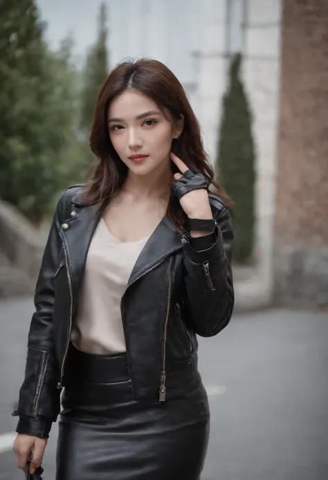 He wears black leather gloves on his upper body，Fingertips on both sides, Black leather double layer rider jacket, slender necklace, Delicate brunette hair, Young and cute Japanese-style president leather pants leather skirt