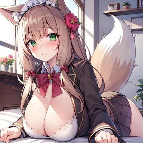 (tmasterpiece，Highest high resolution，8k wallpaper，Highest drawing quality)，1girll，Solo，(Huge fox tail)，Brown hair long，Green eyes，Small flower headdress，21-year-old college student_C cup，Modern architecture, (Blushing:1.3),Showing , On the stomach_Succubu...