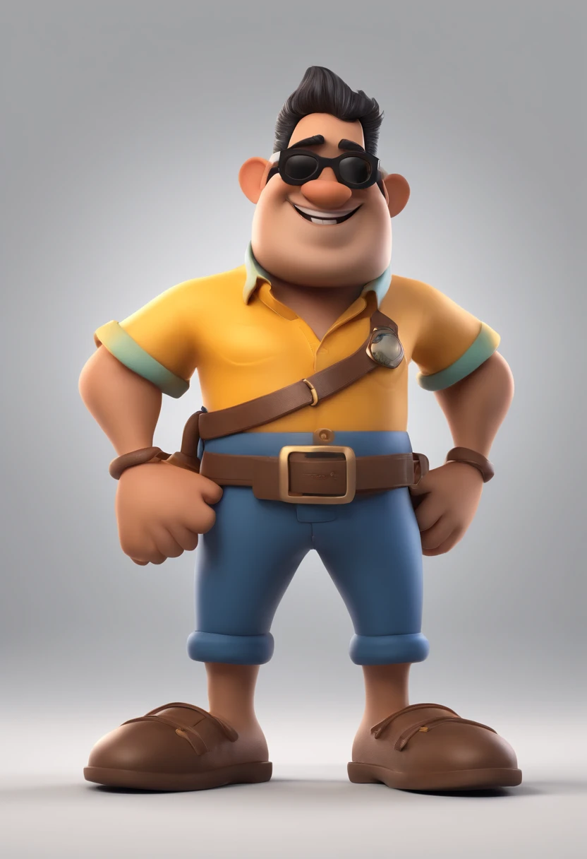 Cartoon character of a man with black sunglasses and a blue shirt with a fish, Topknot, barba, Fisherman Animation Character, Caractere estilizado, animation style rendering, 3D estilizado, Arnold Maya render, 3 d render stylized, toon render keyshot, Pers...