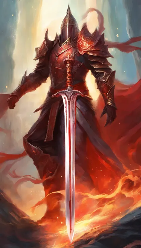 a big legendary sword with fiery details, red blade, uma gema vermelha no punho