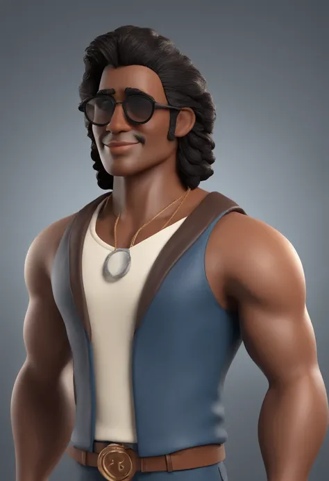 personagem dos desenhos animados de um homem de pele marrom, rosto redondo, cabelo raspados e preto, meio calvo, with black glasses and a blue shirt, animation character, Caractere estilizado, animation style rendering, 3D estilizado, 3 d render stylized, ...