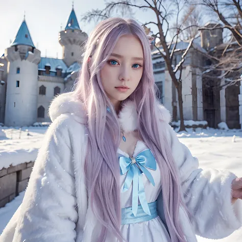 Girl, winter coat, princess, white fur coat, sky blue eyes, long flowy light pink hair, somber eyes, icy castle, medieval style clothing, anime art, korean webtoon art