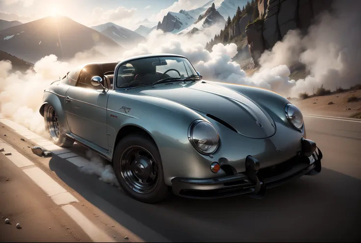 photorealistic Poesche 356 sports car drifting on mountain road, formula drift, oversteer, smoke coming from rear tires, car sliding sideways close to cliff, drifting, gymkhana, rally cross, auto cross