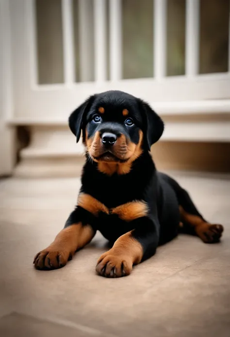 6 baby Rottweiler lying on the floor side by side, looking at the camera, everyone inside the photo, white background --s 750 --ar 18:6