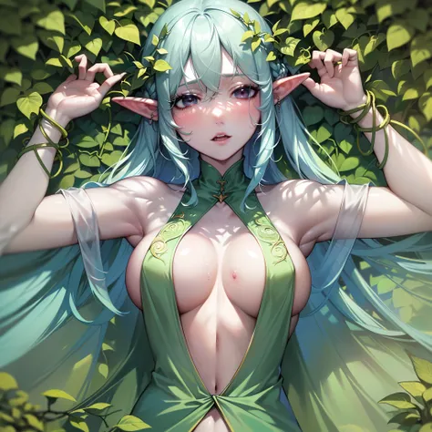 (8k, top quality, masterpiece) 1.2, super detailed, one woman (perfect body depiction),((body wrapped around a vine)),(breast wrapped around a vine)),((burrows under clothes)),((limbs wrapped around a vine)),(pale blue hair,big breasted elven adult woman),...