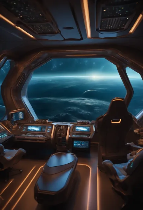 exterior of a spaceship. Through the windows you can see the landscape of an alien planet, the entire space is full of work consoles with electronic devices and screens, full-HD