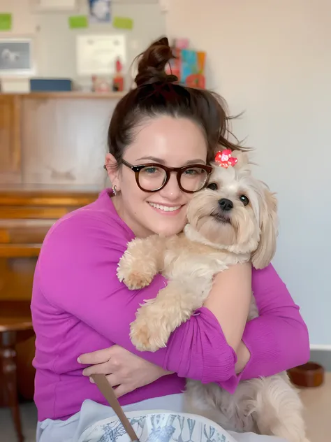 Woman in purple shirt holding a dog in her arms, segurando seu yorkshire terrier, imagem de perfil, Directed by: Juliette Wytsman, Katey Truhn, with dogs, Directed by: Liza Donnelly, Jenna Barton, segurando um pug para uma foto, um alambique de um feliz, A...