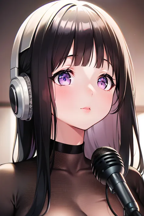 (A superb exquisite Chitanda Eru), purple eyes, long black hair, natural straight hair, straight bangs, solo, (Small_breasts: large_breasts: 0.5), (In the studio, with headphones on，Hold the recording microphone), extremely delicate, straight facial featur...