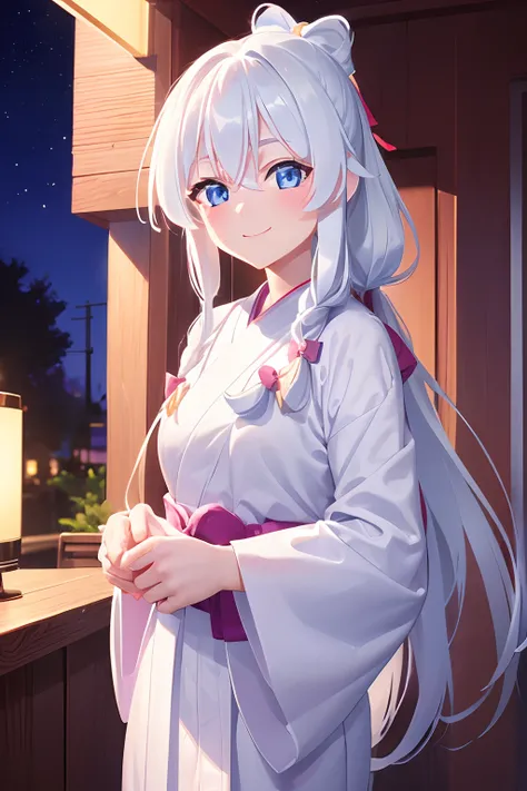 ((Cute woman, Long white hair, blue eyes)), yukata with ribbon, ponytail hair, smiling, 8k, very datailed, night time