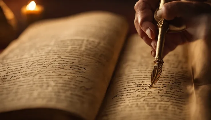 Statue depicting Stoic virtue, with an emphasis on the details of the parchment and quill.
Close-up camera angulation to highlight the details of the writing on the parchment.
Direct lighting that brings out the calligraphy on the parchment and the texture...