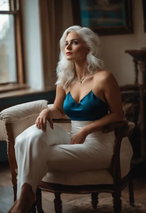 A beautiful thirty-something woman with beautiful white hair and indecent blue eyes sits on a chair in her house with her chest exposed and her back