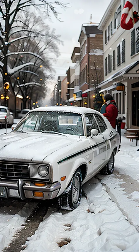 An old-school 1970s Christmas street, snow-covered sidewalks, vintage cars with holiday decorations, kids building a snowman