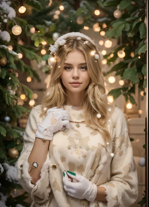 Blonde girl with blonde hair, Its winter outside, All in Herlands, Christmas trees with gloves, beautiful hairstyle and jewelry