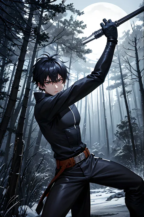 Create a hyper-realistic 32k resolution AI art of a ninja boy in an anime style. The boy should be depicted in a dynamic pose, with intricate details on his ninja attire, weapons, and facial expressions. The background should feature a moonlit night scene ...