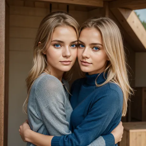 Ultra Gesicht Nahaufnahme, Schriftseite nach oben, 2Girls 18 years old, hugging, lange Haare, schauen sich gegenseitig in die Augen, blondes Haar, blaue Augen, Schulterfrei, pullover, volle Lippen, Realistisch, Flirten miteinander, Nahaufnahme, Realismus, ...