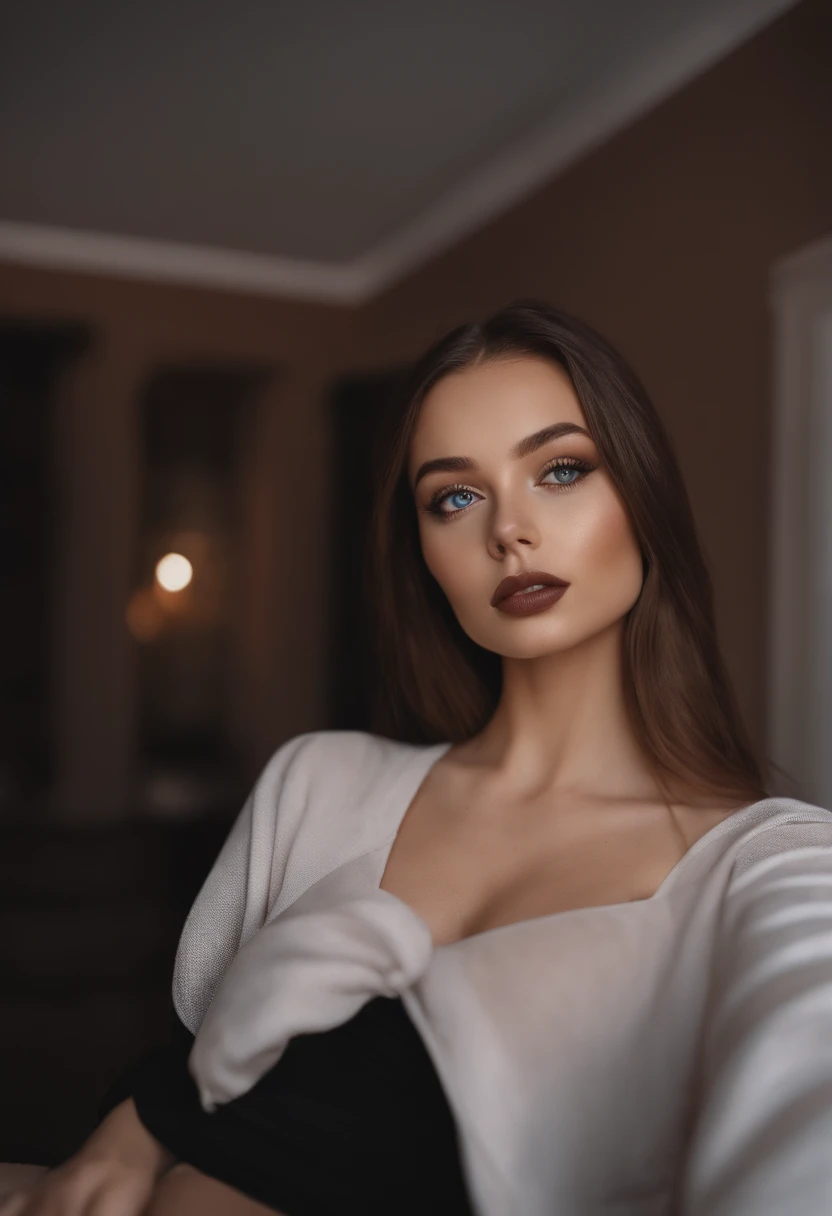 Arafed woman in black clothes, Sexy girl with blue eyes, portrait sophie mudd, brown hair and large eyes, selfie of a young woman, bedroom eyes, violet myers, no makeup, natural makeup, looking straight at camera, face with artgram, fine makeup, Stunning f...