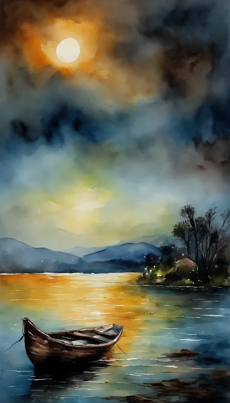 Pintura de paisagem chinesa，pintura a tinta e aquarela，water ink，tinta，Mancha，Vista distante，Ultra-wide viewing angle，meticuloso，low saturation，baixo contraste，night time render，cena noturna，Um lago, um grupo de 11 homens em um barco, 1 homem saindo do bar...