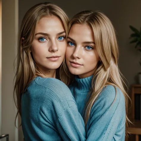 Ultra Gesicht Nahaufnahme, Schriftseite nach oben, 2Girls 18 years old, hugging, lange Haare, schauen sich gegenseitig in die Augen, blondes Haar, blaue Augen, Schulterfrei, Skinny sweaters, volle Lippen, Realistisch, Flirten miteinander, Nahaufnahme, Real...