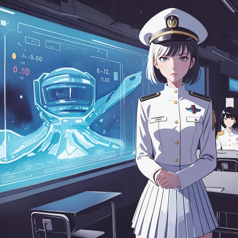 (masterpiece:1.2, best quality), 1girl, teen girl, white space cadet uniform, military hat, short pleated skirt, serious, stressed, standing by holographic board displaying math shapes, exam in classroom, spaceship interiors, sci-fi,  futuristic, anime min...