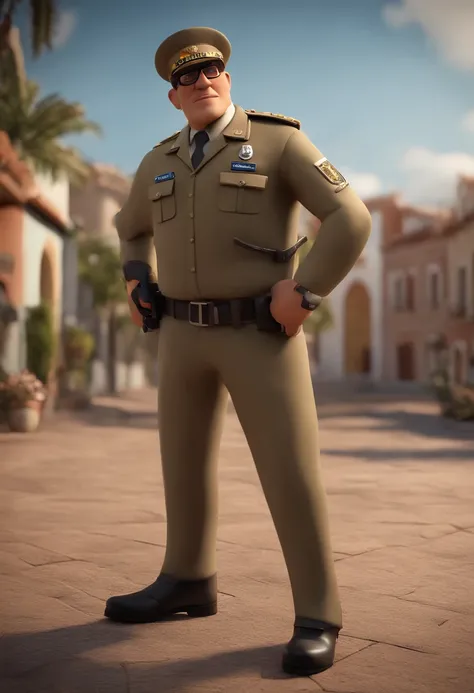 Cartoon character of a military police man with black glasses and a brown shirt, cabelo liso grisalho, No beard with coat of arms of the Paraná Military Police on his chest, animation character, Caractere estilizado, animation style rendering, 3D estilizad...