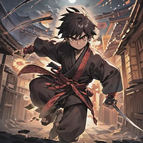 Generate a highly detailed and hyper-realistic 32k resolution AI artwork depicting a brave ninja boy engaged in a fierce battle with a shadowy figure to protect his village in a captivating anime style. The ninja boy should be shown in a dynamic and heroic...