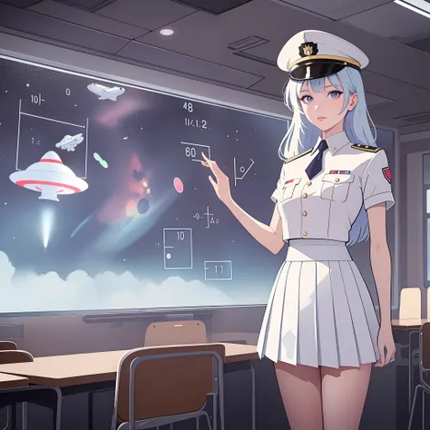 (masterpiece:1.2, best quality), 1girl, teen girl, white space cadet uniform, military hat, short pleated skirt, serious, standing by holographic board displaying math shapes,  classroom, spaceship interiors, sci-fi, cosmos outside window, futuristic, anim...