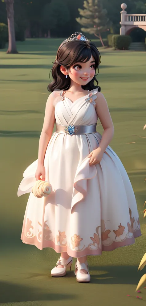 masterpiece, best quality, 3d rendering work, 3DMM style, close-up, portrait, 3D, Asian little girl, princess, silver tiara, beautiful skin, brown eyes, medium wavy black hair, sweet smile, 80 kg overweight, gradient background. Colors Candy color, cute