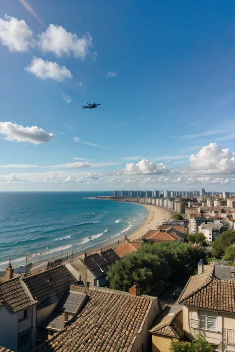 planes, blue sky with few clouds, sea city in background