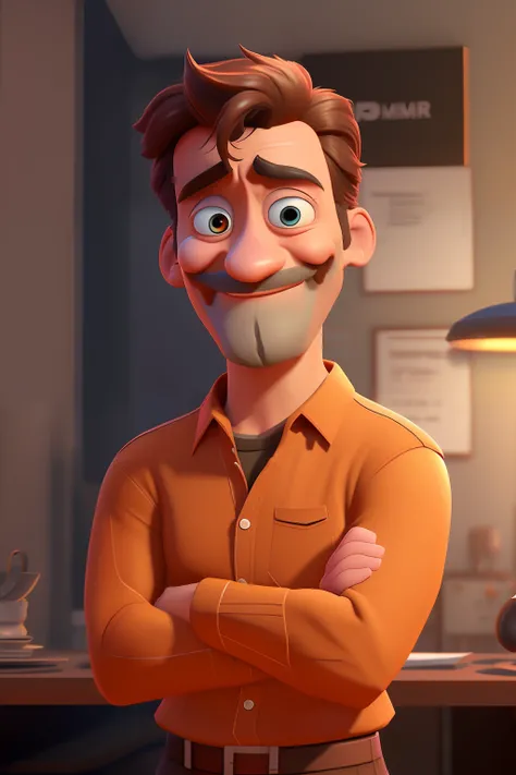 personagem de desenho animado de um homem com um bigode e uma camisa, Pixars Renderman rendering, pixar retrato 8 k foto, Arnold Maya render, animation character, renderizar na pixar, Personagem de close up, Como um personagem da Pixar, Representado como u...