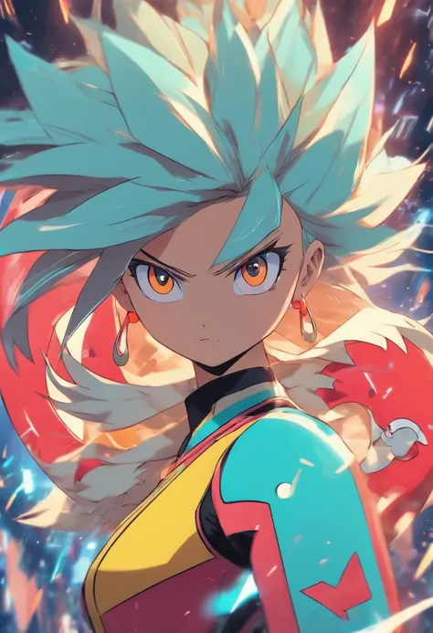 girl, bionic body parts, ((looking forward, smug expression, confident posture)), (cool futuristic jacket, gray, white stripes, yellow stripes, cyan stripes), (short black shorts, big red X on the side), (short bright cyan hair, spiky center bangs in a wav...