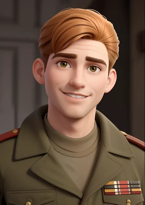 Um homem de 30 anos, com curto cabelo grisalho, militar , Rosto redondo, sorriso encantador, e o