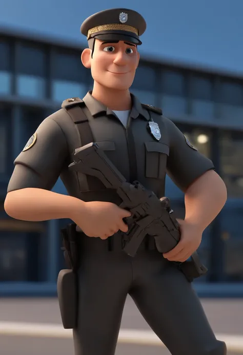 Cartoon character of a military police man short hair gray black color and a brown shirt and pants with black color policeman sintura front position with sky blue background, animation character, Caractere estilizado, animation style rendering, 3D estiliza...