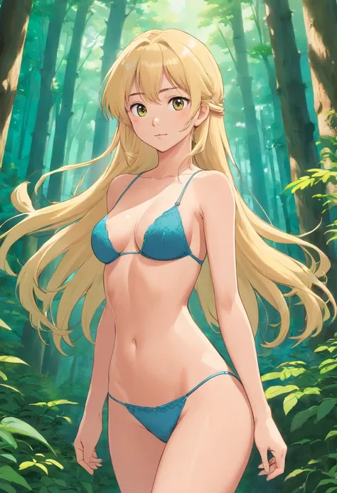 A sexy young woman, 21 years old, long blonde hair, slim athletic body, medium breasts, lingerie, sexy, undressing, nsfw, boudoir, sexy ass, in the forest scenery background