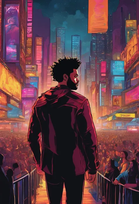 (The Weeknd),singing in (neyork),[(neon-lit) streets] with (dazzling) lights,[(vibrant) city vibes](,and) (booming) music. [(Crowds) gather](,awaiting his performance),[(eager) fans](,screaming),(,and) [(high-energy) atmosphere]( fills the air). The Weeknd...