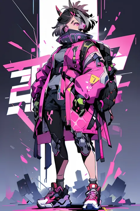 1girl, solo, looking_at_viewer, oni_horn, short_hair, gloves, standing, jacket, full_body, grey_hair, shoes, pink_eyes, bag, coat, backpack, sneakers, multicolored_clothes, science_fiction, hands_in_pockets, covered_mouth, knee_pads, cyberpunk