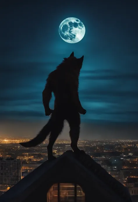 werewolf in modern days, holding a two-hander, in the top of a building against the fullmoon