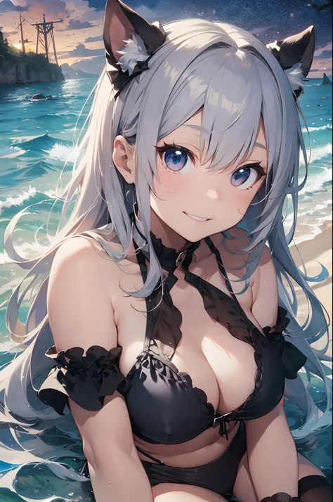 Cat-eared girl, solo, big, closed mouth, long_hair, light smile, sea, silver hair, , , stitched_face, patchwork_skin, cowboy shot, (black bikini), (wariza), (V arm: 1.3), (hands between legs: 1.4),