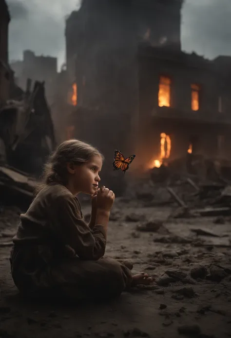 Ultra-realistic depiction of a little girl, sitting with sorrow, agony, ((dried tears drops)), messy and curl hair, dusty face and cloth,(( a destructed city in background, fire, ((human corpse on ground)), some people are crying, destroyed building)), a b...