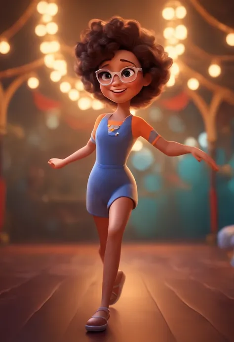 Pixar style image with 3D character white glasses brunette woman short curly hair dancing, Maquiagem Disney,Pescador, bonitinho, sorridente ,Close-up, Pixar, Disney, Cinema lighting,